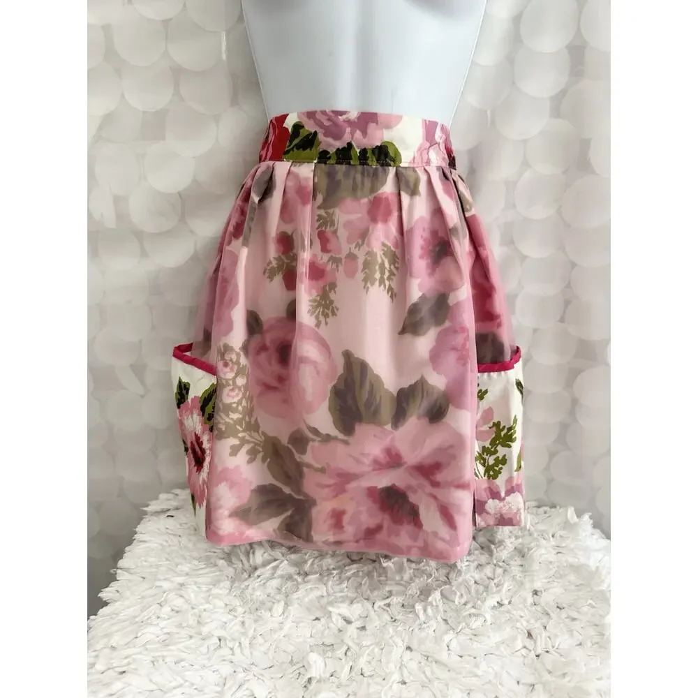 VTG HANDMADE Pink Rose Chintz Hostess Apron Chiffon Accents Reversible Country